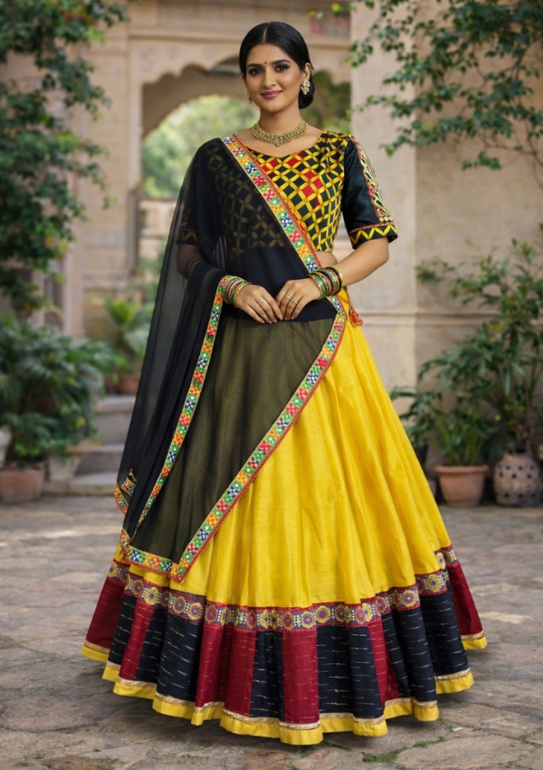 Yellow Lehenga with Black Dupatta